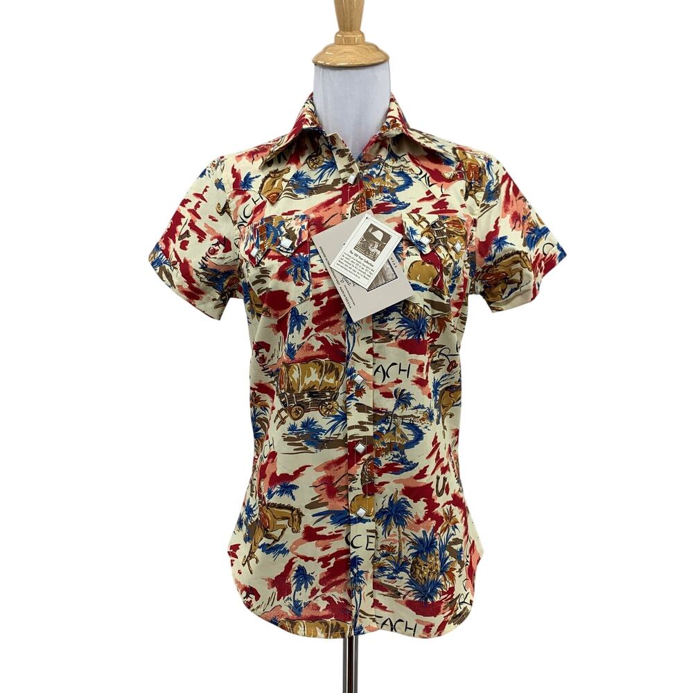 Rockmount Ranch Wear Shirt Womens S Small Red Tan Relaxed Fit Western Hawaiian